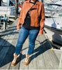brown faux leather biker jacket women belted cropped fit Brown XS