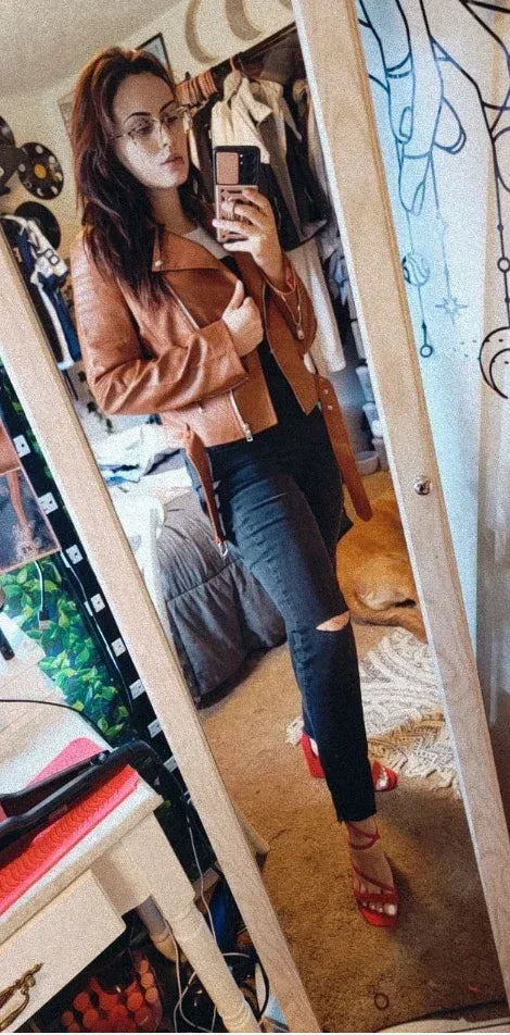 brown faux leather biker jacket women belted cropped fit
