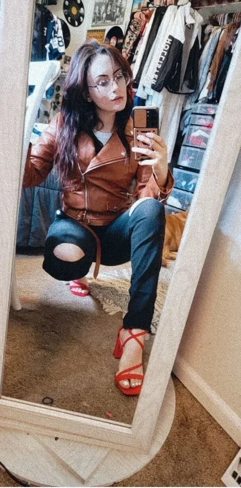 brown faux leather biker jacket women belted cropped fit