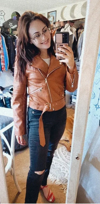 brown faux leather biker jacket women belted cropped fit