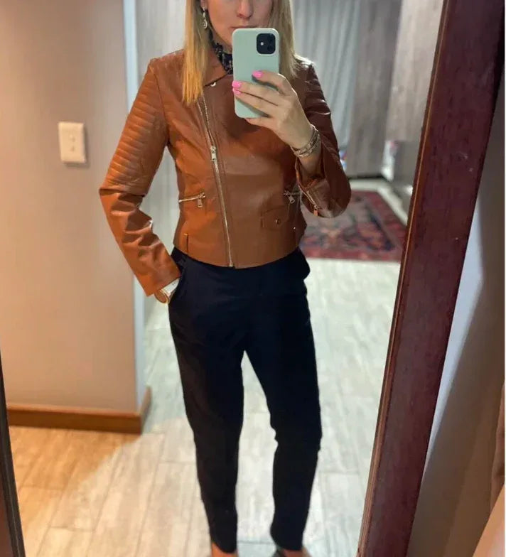 brown faux leather biker jacket women belted cropped fit