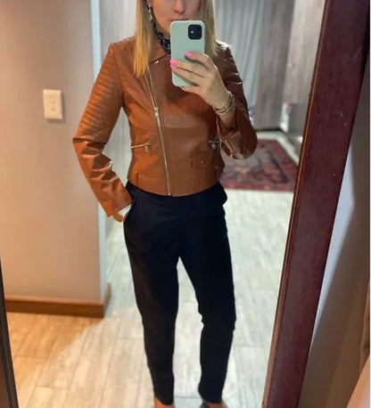 brown faux leather biker jacket women belted cropped fit