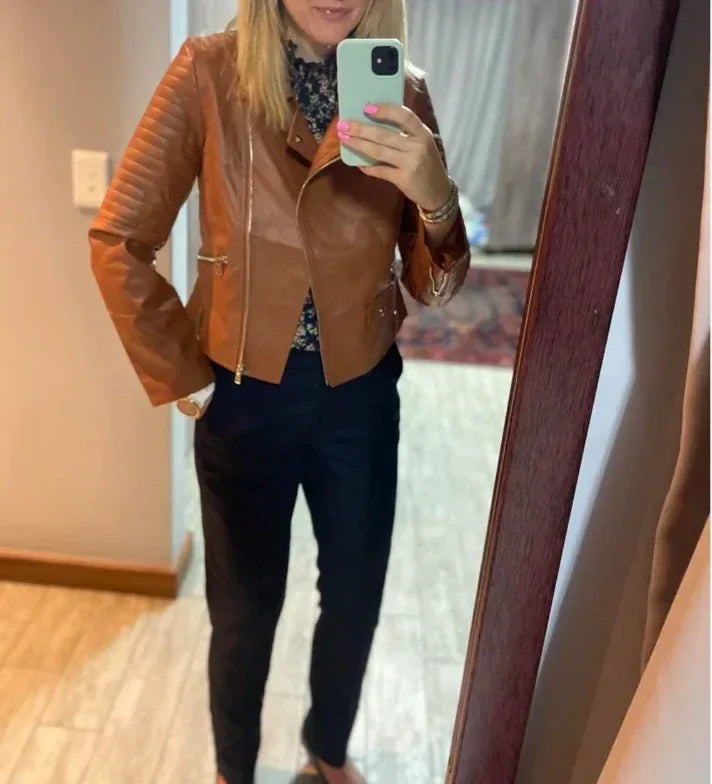brown faux leather biker jacket women belted cropped fit