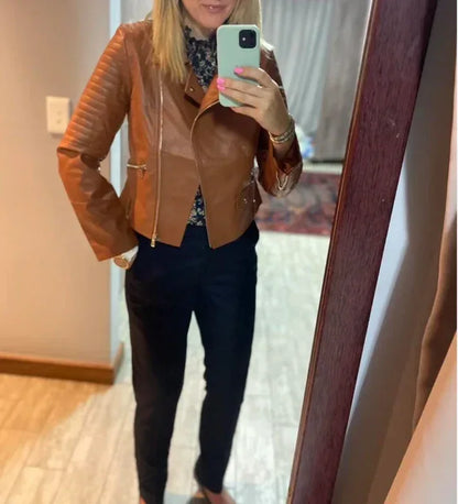 brown faux leather biker jacket women belted cropped fit