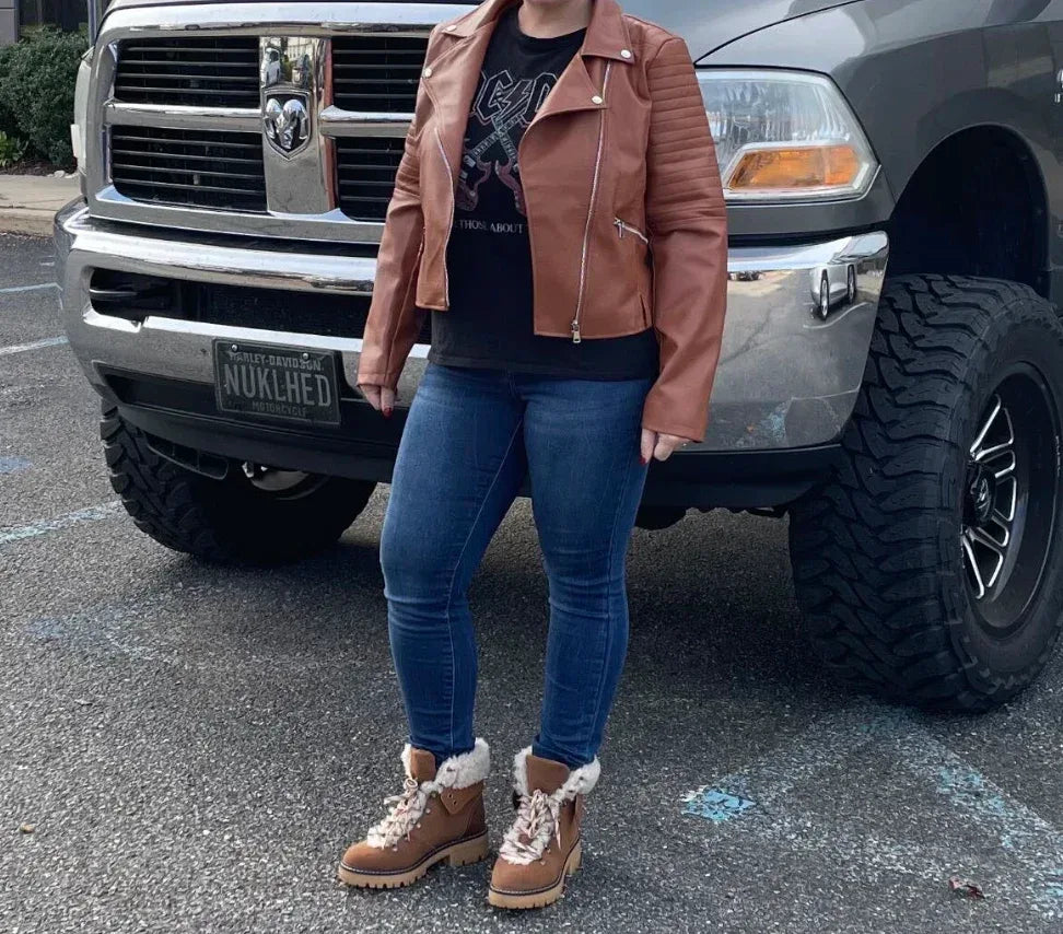 brown faux leather biker jacket women belted cropped fit