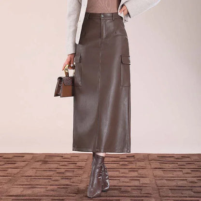 Flap Pocket Split Thigh Imitation Leather Skirt 1 M