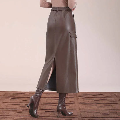 Flap Pocket Split Thigh Imitation Leather Skirt