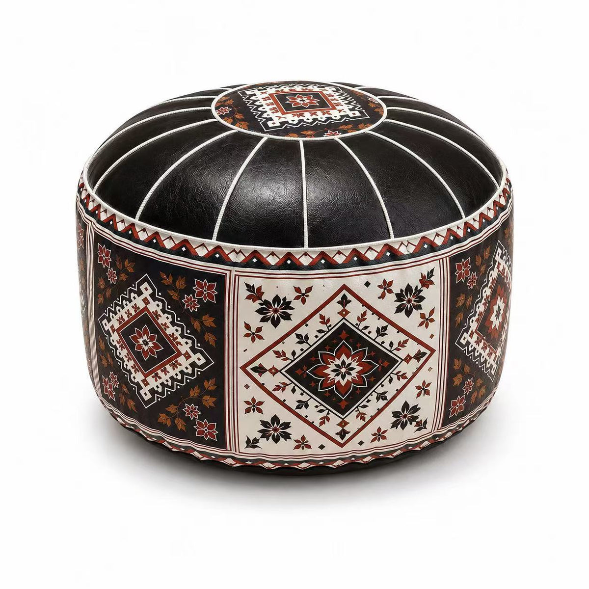 A round Moroccan-style pouf ottoman with a black leather top and a detailed geometric and floral patterned base, shown on a white background.