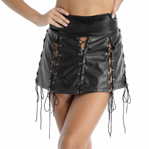 Black faux leather mini skirt with lace-up details