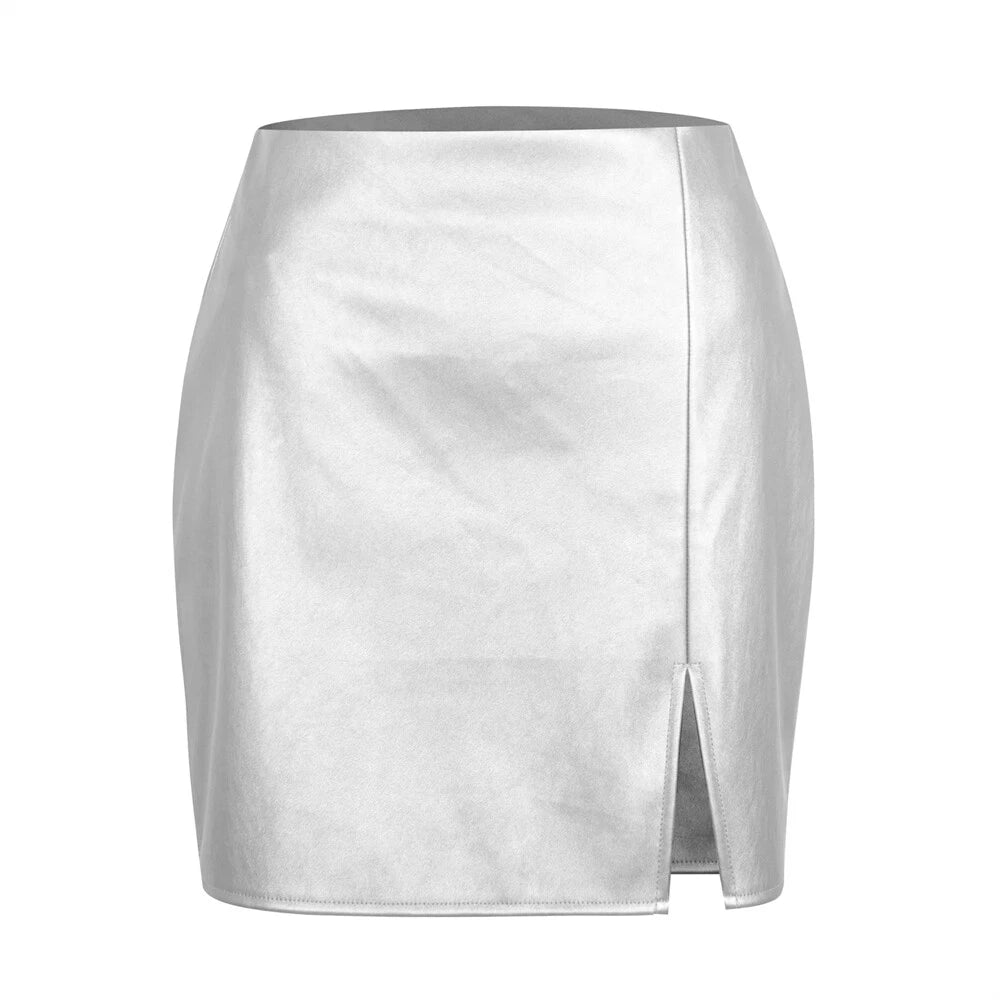 Metallic faux leather mini skirt women high waist