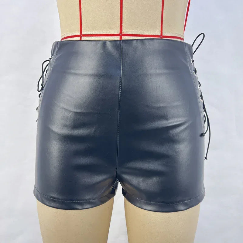 Women’s Black Faux Leather Lace Up Shorts