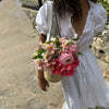 white v neck tie waist maxi dress with puff sleeves