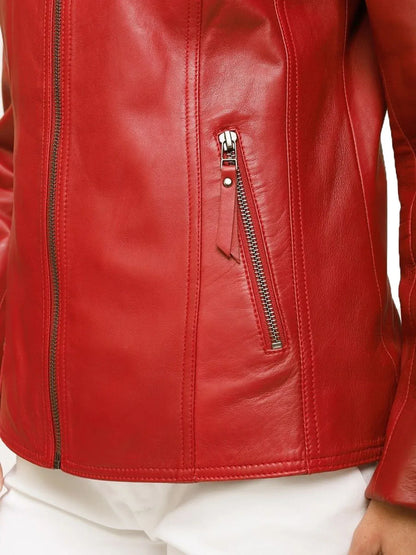 Women’s Red Lambskin Leather Biker Jacket