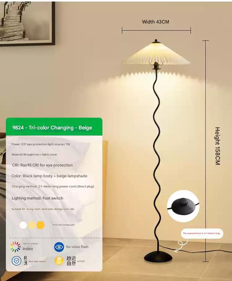 Vintage pleated fabric standing floor lamp Floor lamp with tri-color light 7 watts beige lampshade 110V-120V For US CA