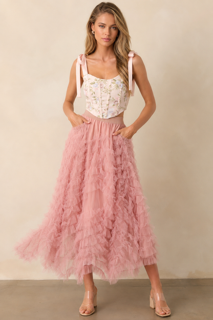 Corset top with floral print tie straps and lace up back