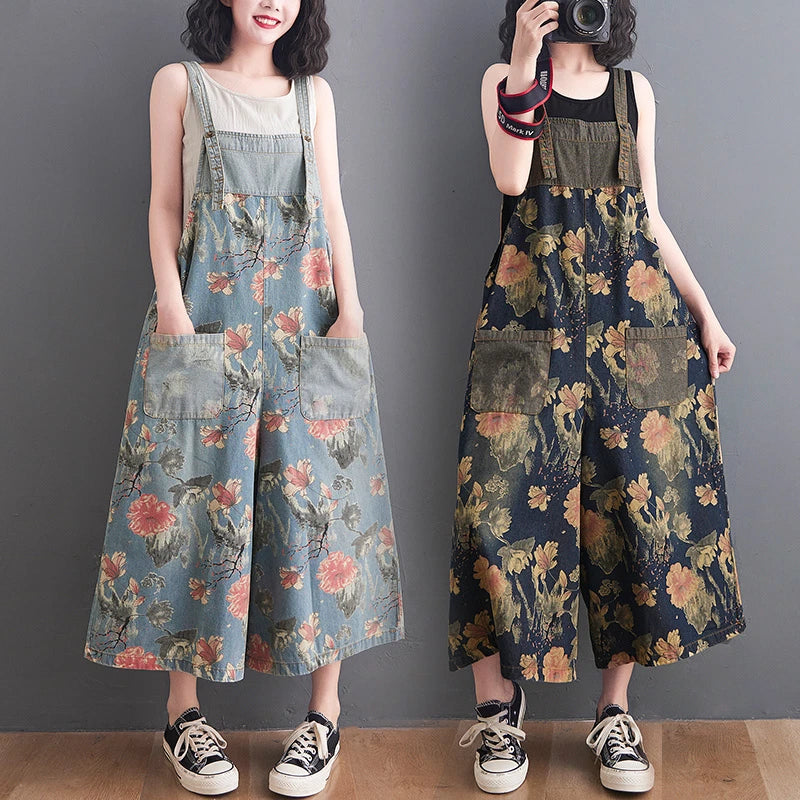 Floral denim overalls for women wide leg suspender pants