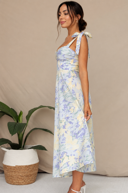 Floral midi sundress with tie straps and v neckline