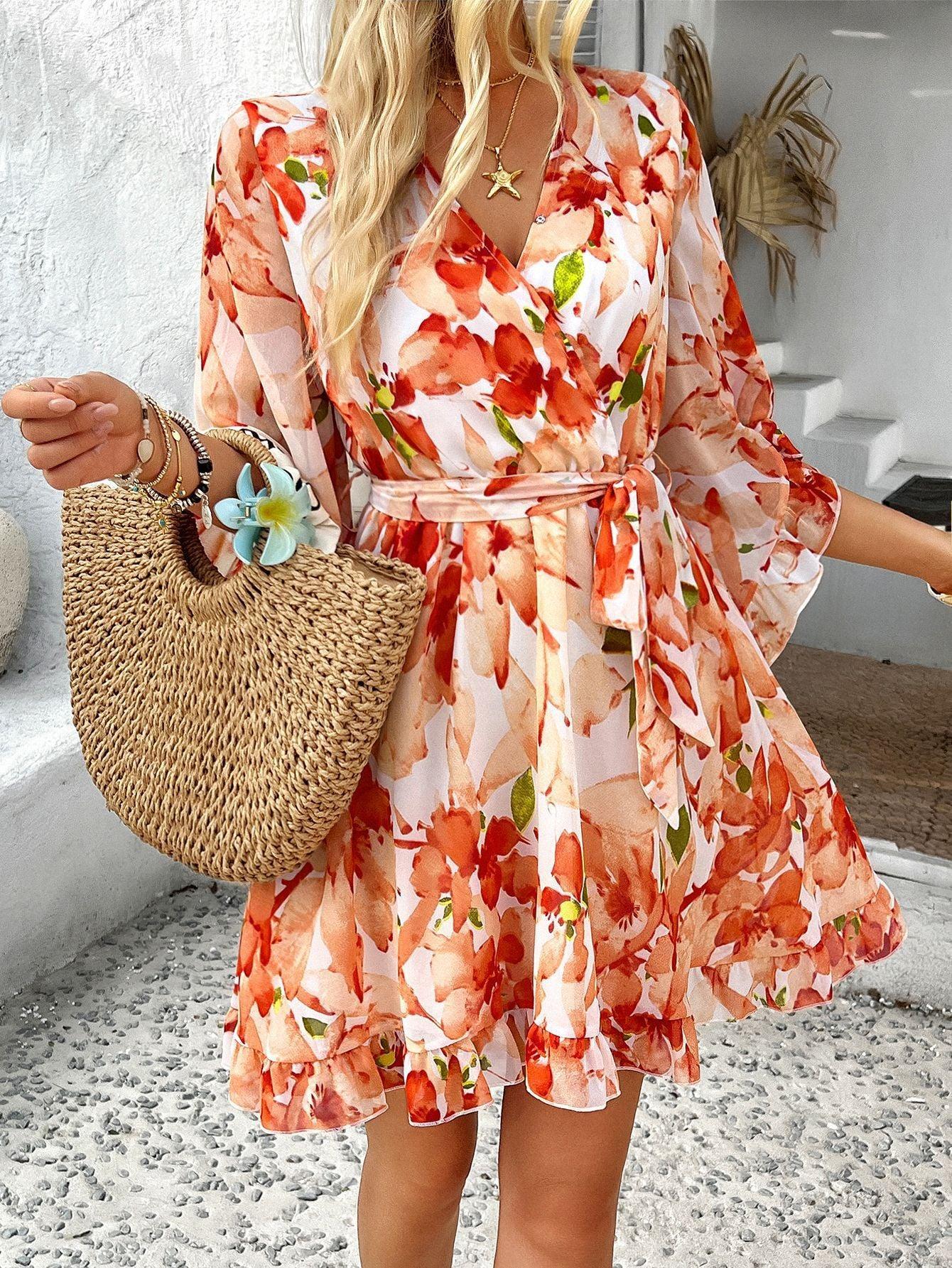 Orange Wrap Dress Floral Mini Ruffle Hem