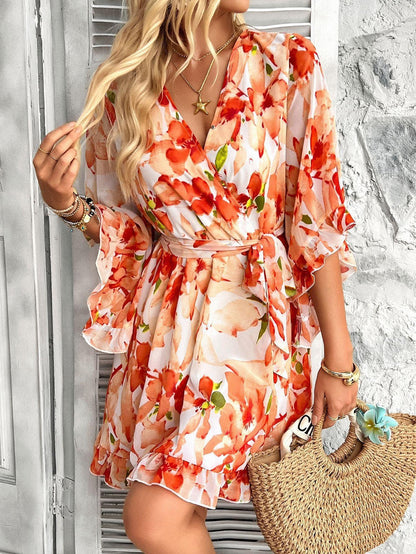 Orange Wrap Dress Floral Mini Ruffle Hem