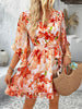 Orange Wrap Dress Floral Mini Ruffle Hem