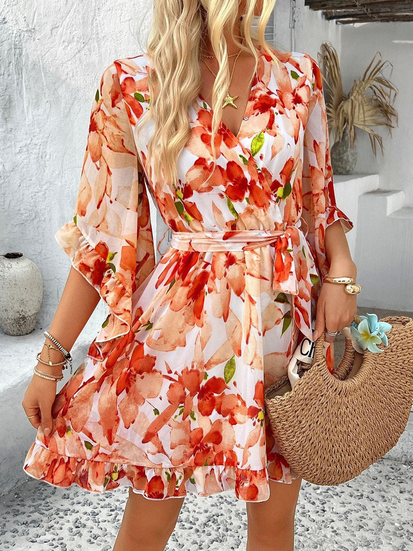 Orange Wrap Dress Floral Mini Ruffle Hem