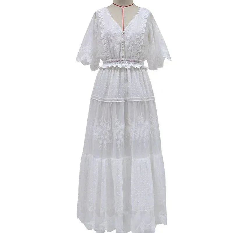 White Lace Maxi Dress with V Neck and Sheer Sleeves
