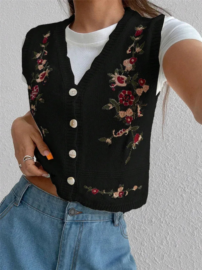 Women’s Floral Embroidered Button Front Sweater Vest