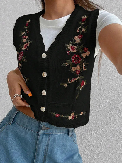 Women’s Floral Embroidered Button Front Sweater Vest