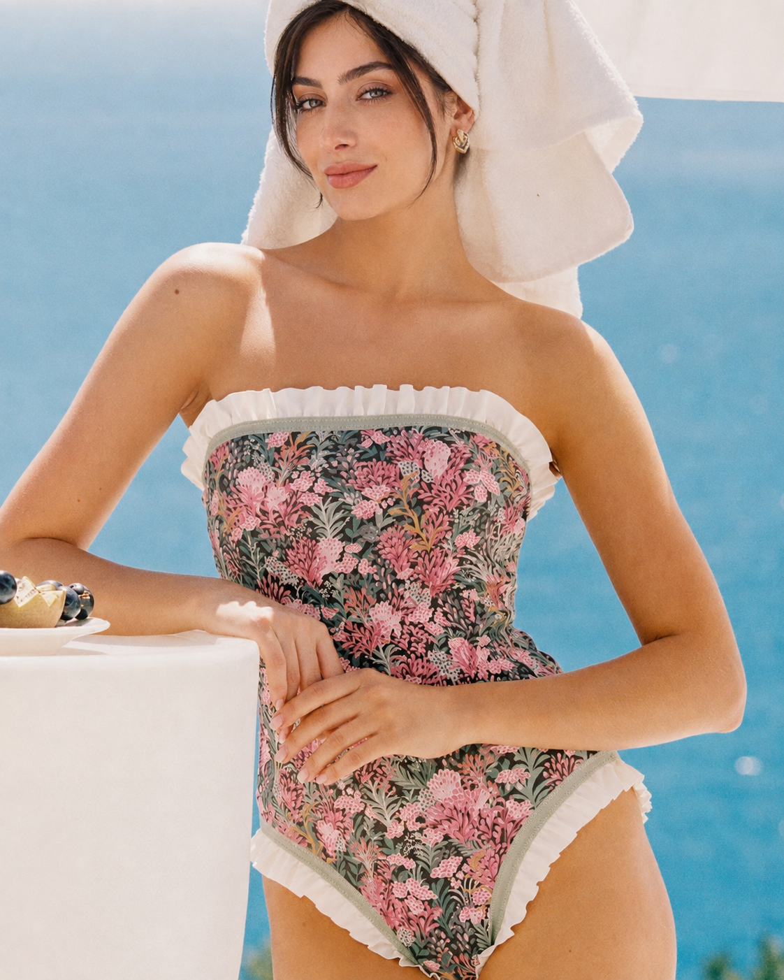 Floral Ruffle One Piece Swimsuit with Square Neck
