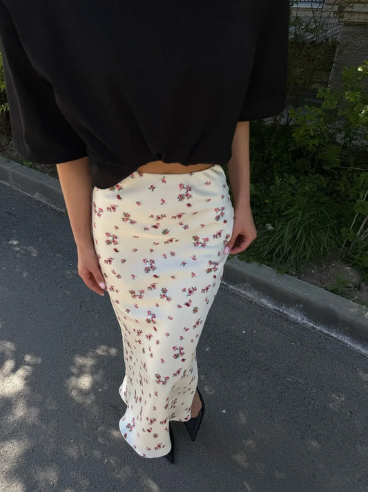 Cream Floral Satin Midi Skirt with High Waist