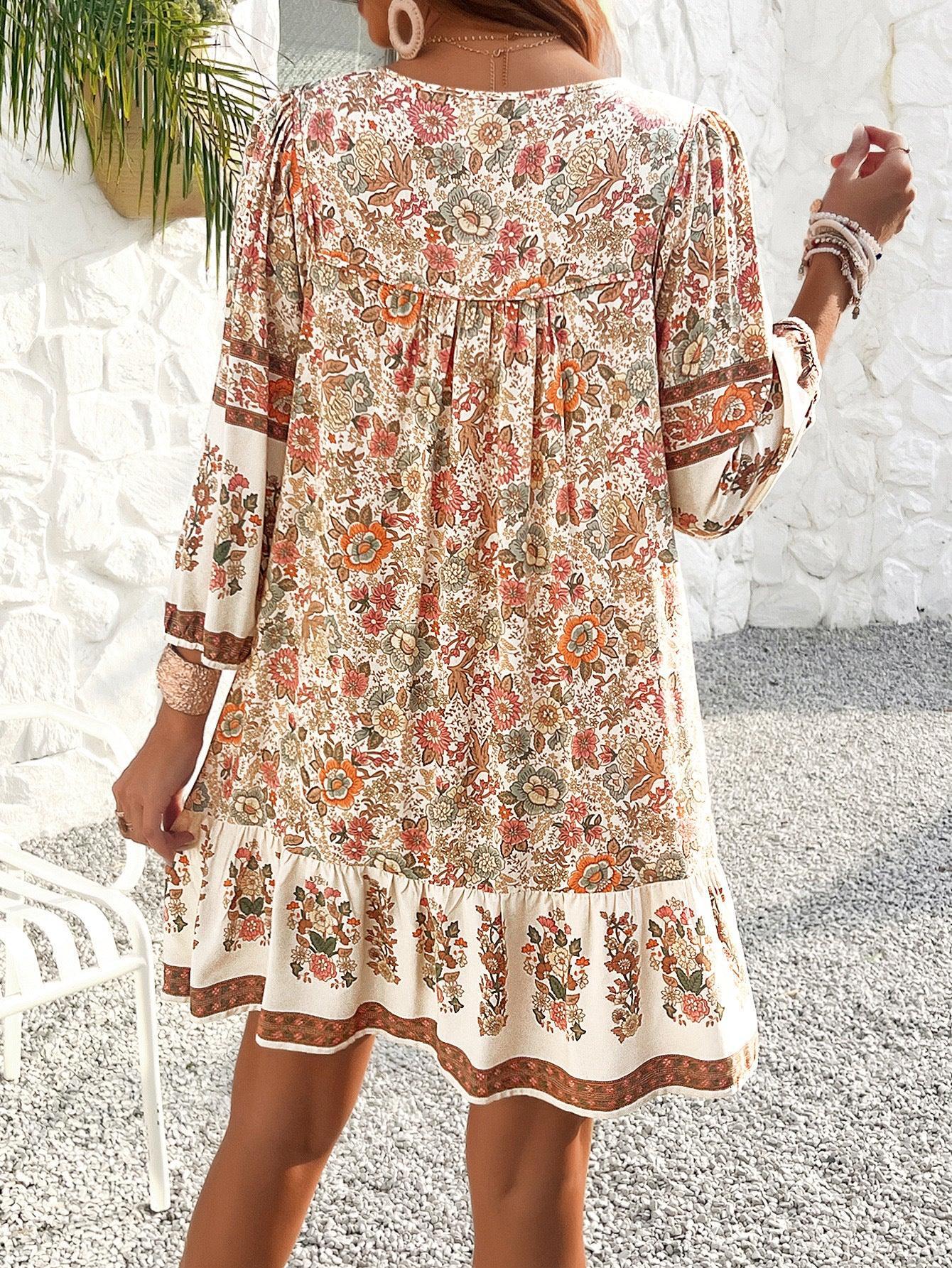 Floral Boho Mini Cute Short Flowy Dress With Tassels