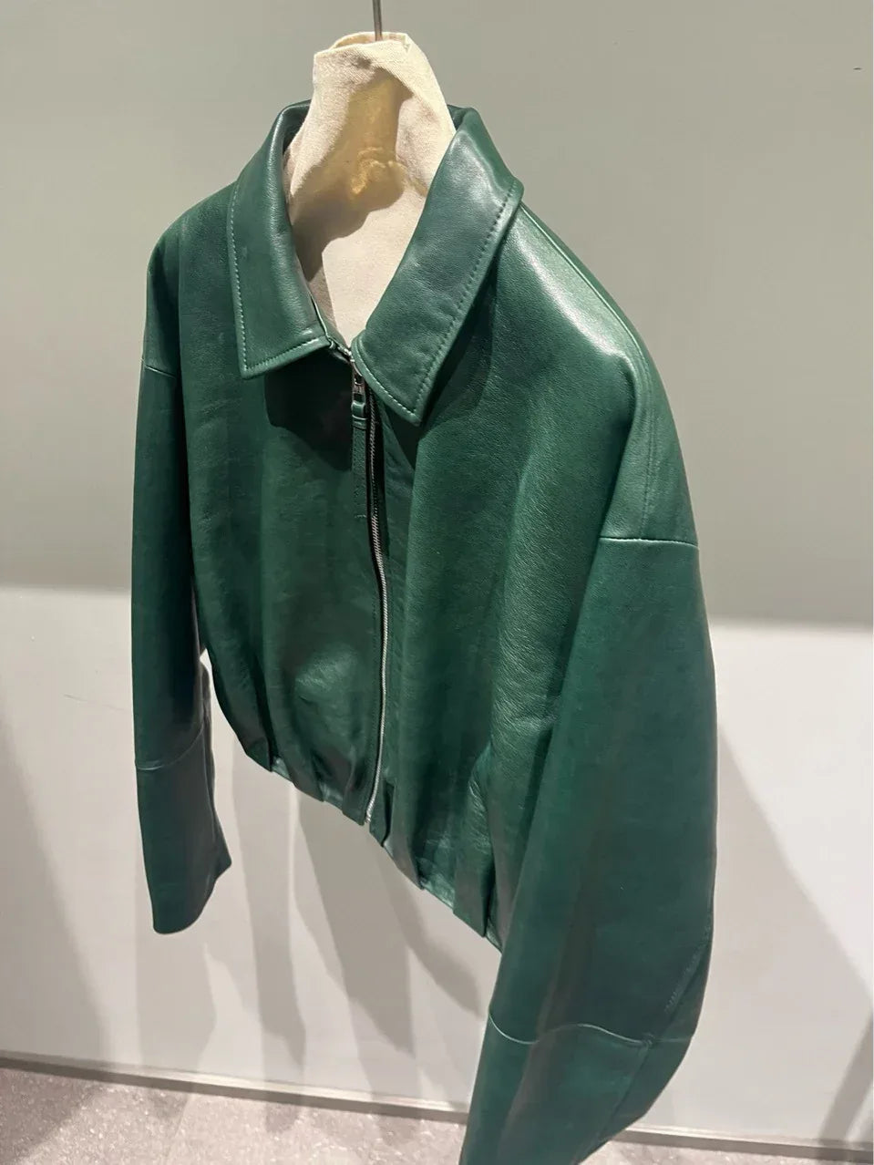 Women's Green Sheepskin Cropped Bomber Jacket