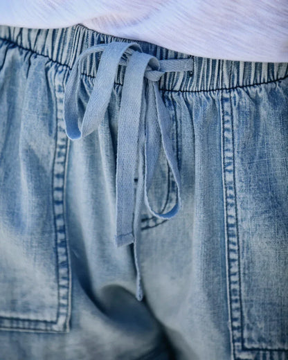 High Rise Light Blue Frayed Denim Shorts with Drawstring