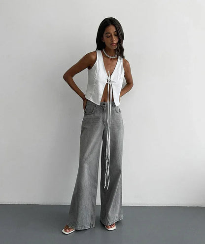 White Knotted V-Neck Crop Tank Top for Women Summer