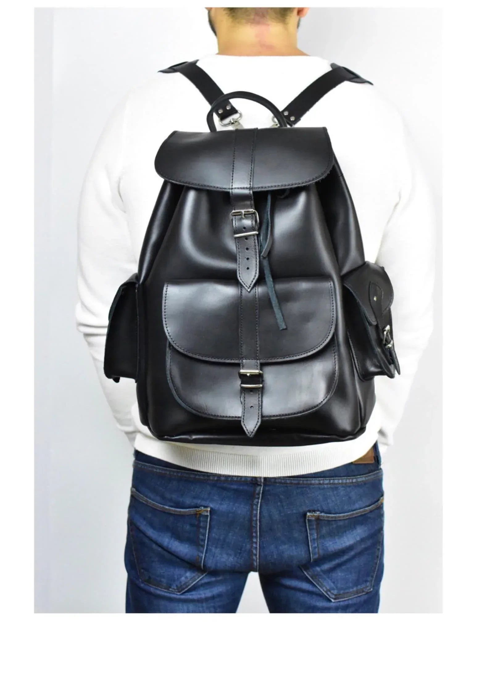 large leather backpack black full grain travel