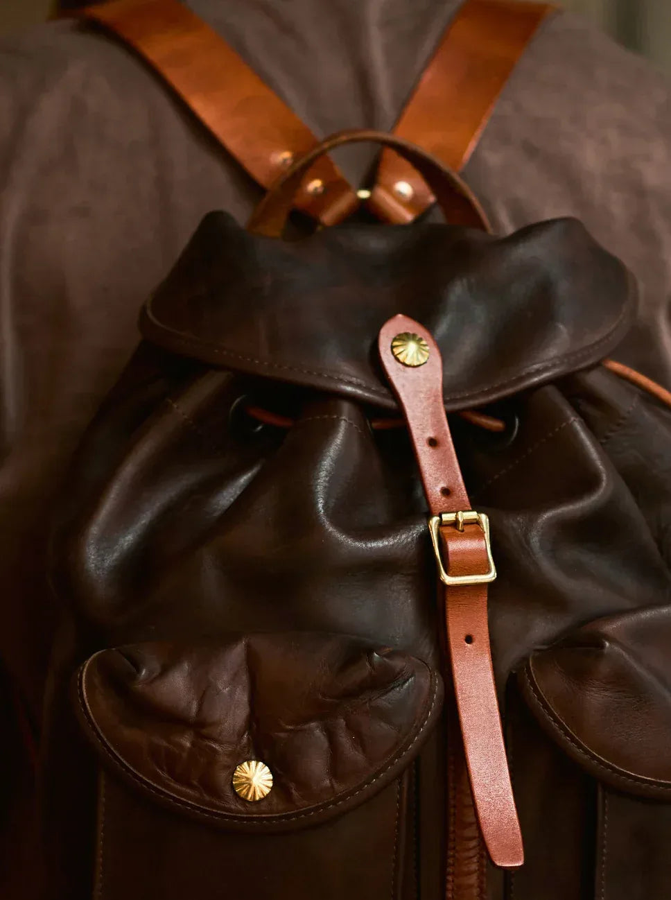 Men’s Vintage Brown Leather Backpack with Front Pockets