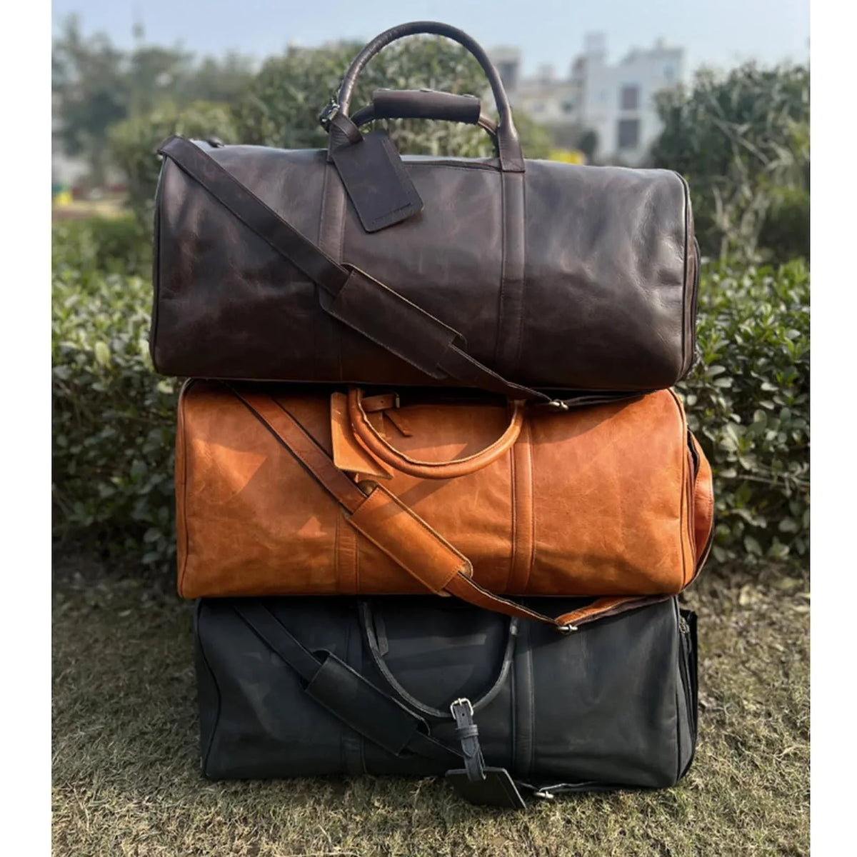 Real Genuine Leather Weekender Bag Cognac Brown