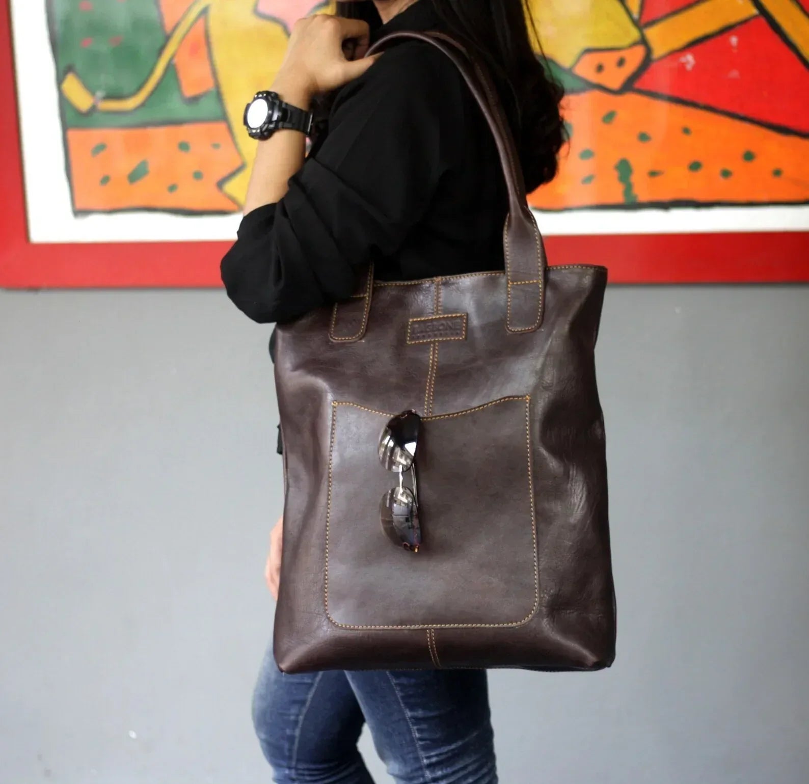 Leather Tote Bag With Outside Pockets for Women