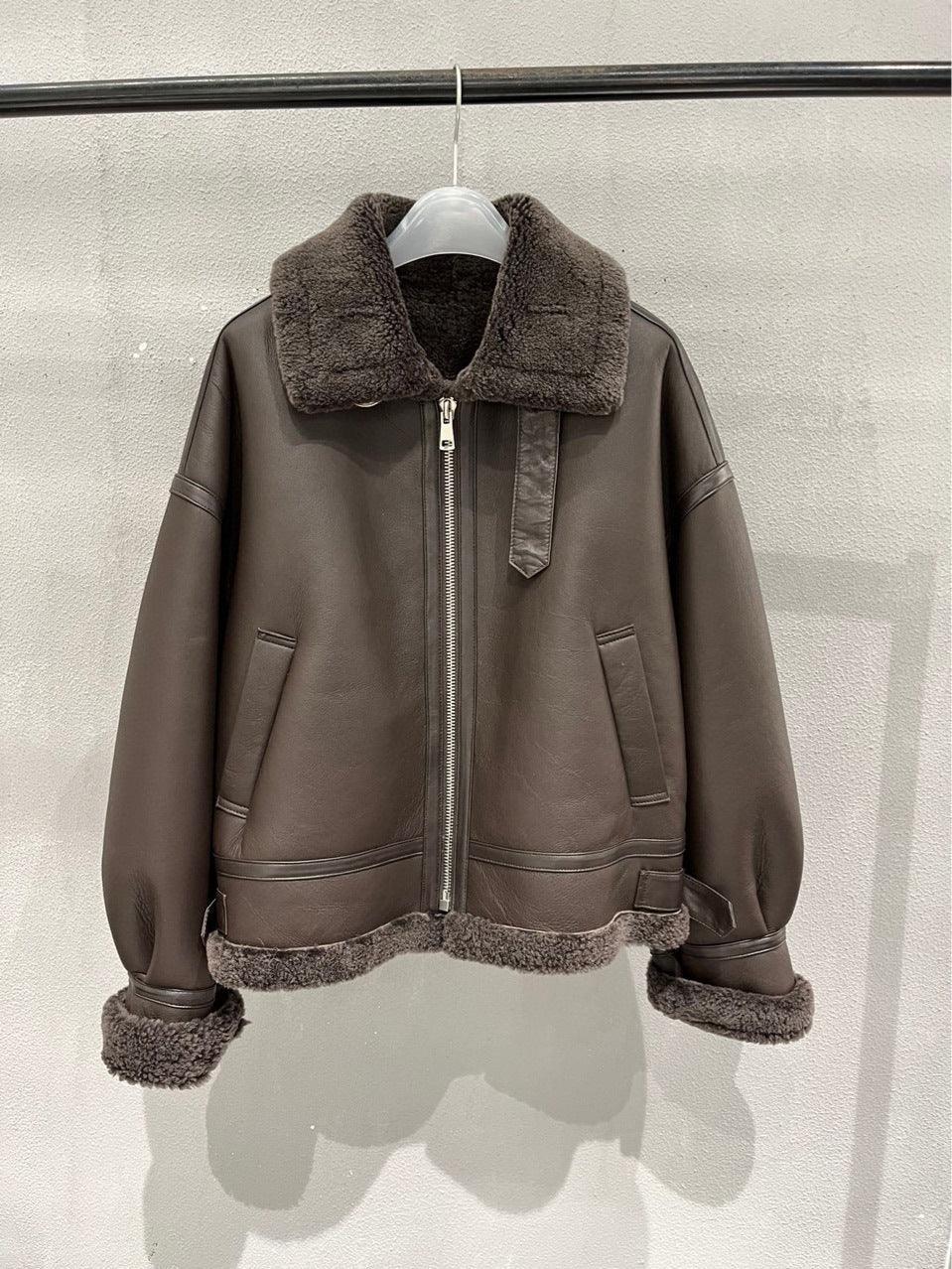 Women's Brown Fur Lined Lambskin Bomber Jacket