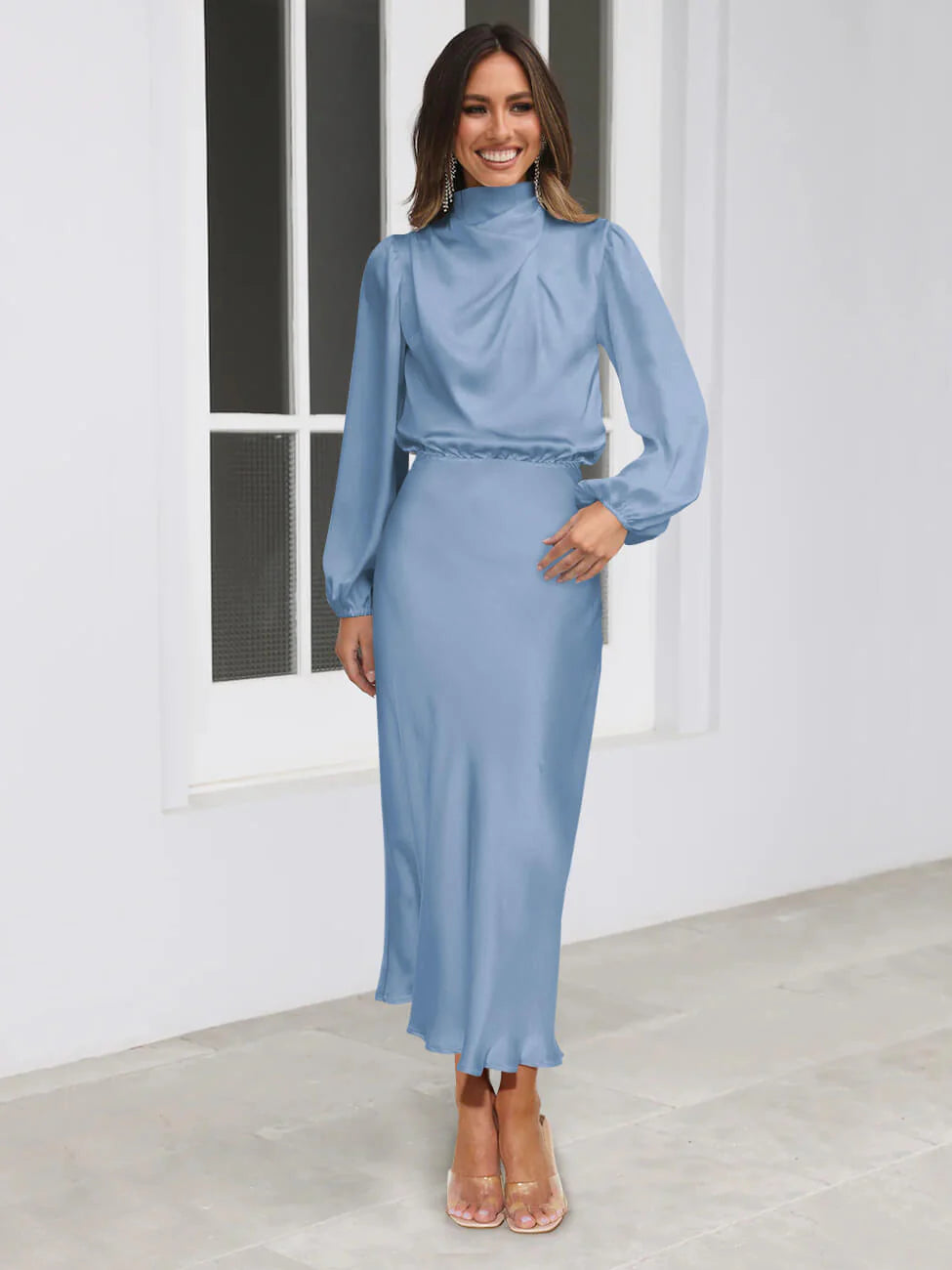 High Neck Long Sleeve Bridal Maxi Dress