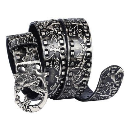 Women punk embossed leather tiger buckle belt Grey 105 cm