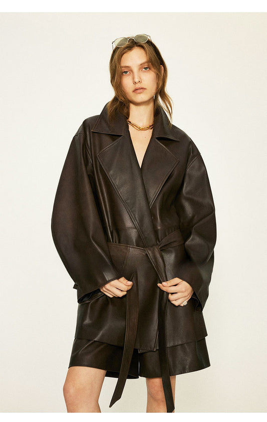 Women’s Oversized Leather Bomber Jacket Moto Trench Coat
