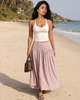 Plaid maxi skirt shaped with soft pleats below the waistband