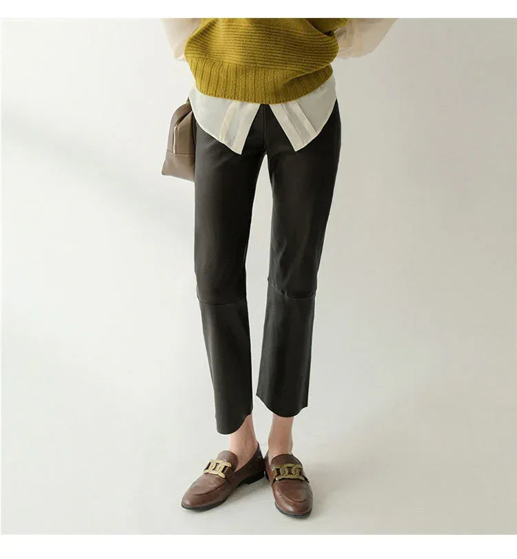 Women Leather Pants Brown High Waist