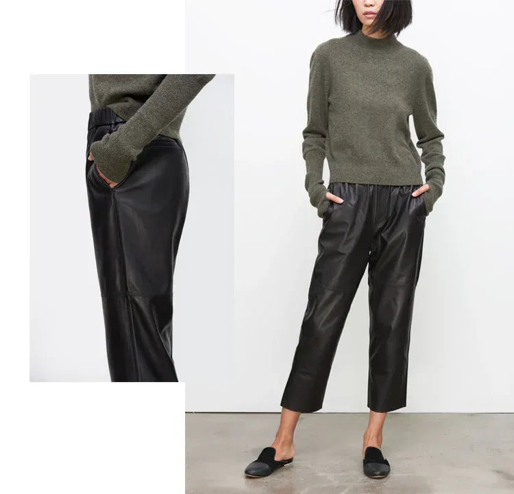 Women Brown Leather Pants Elastic Waist