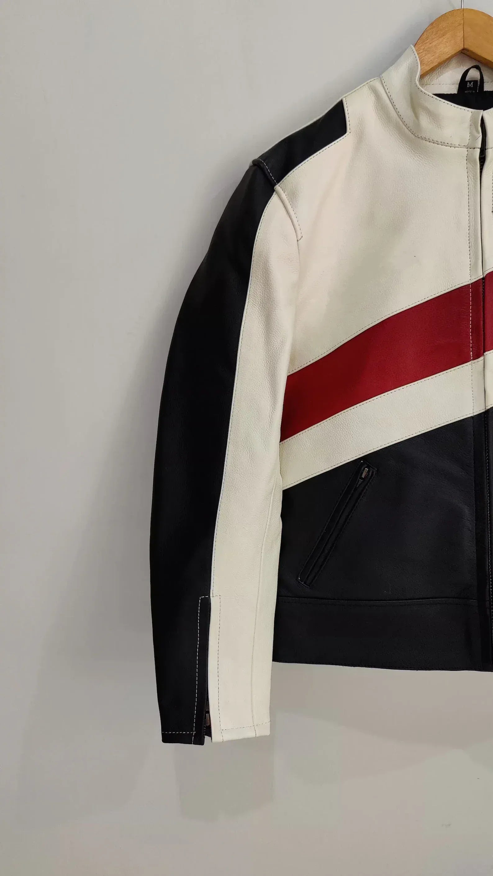 Two Tone Leather Jacket for Men in Black White Red