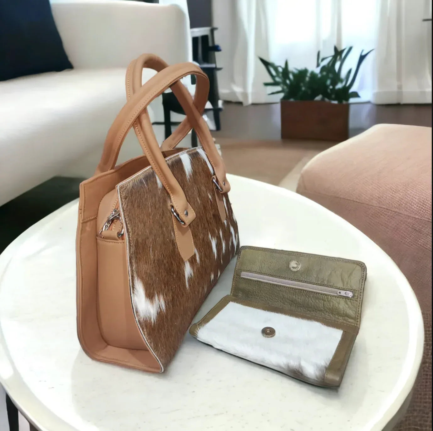 Women’s Hair On Cowhide Handbag with Matching Clutch