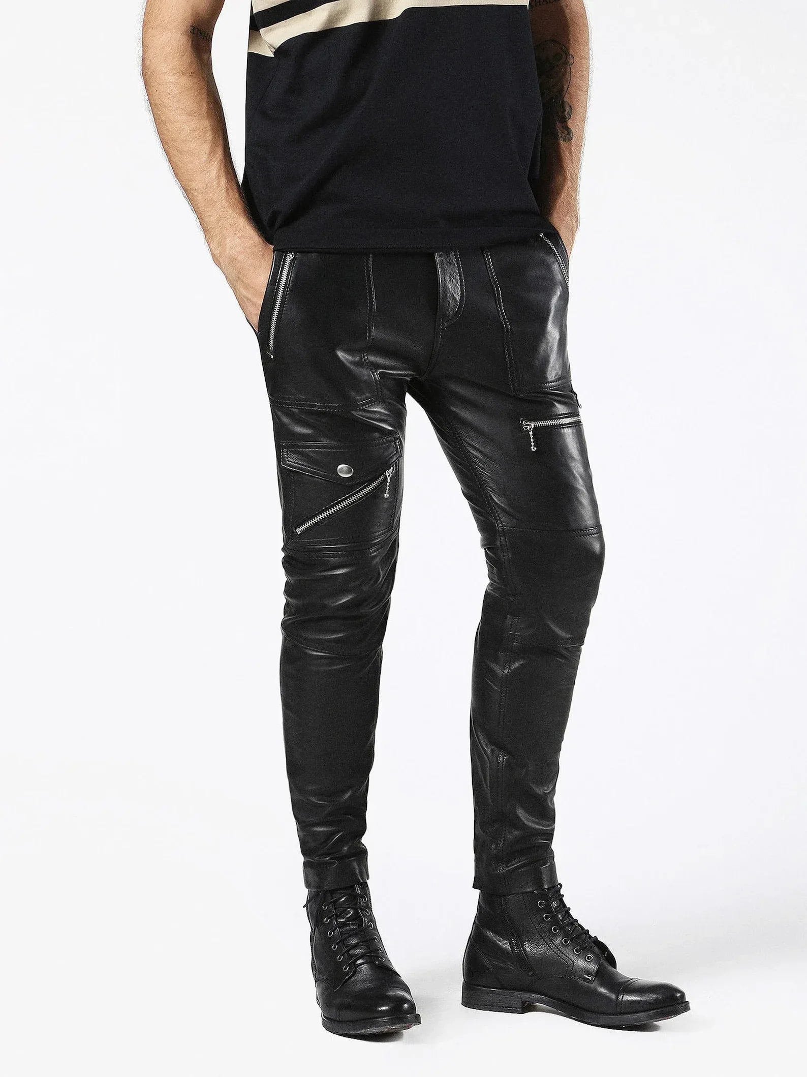 real leather pants men black biker style zipper pocket design