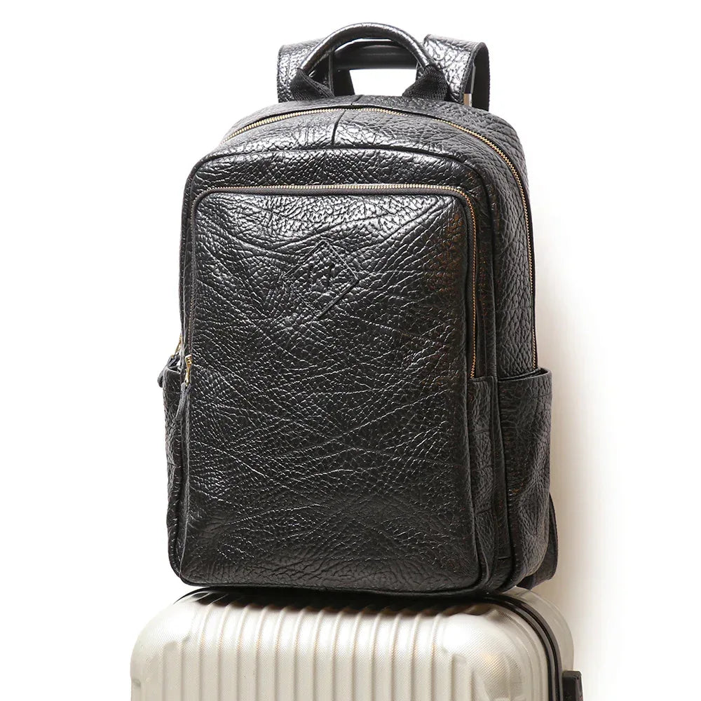 Men’s Black Leather Laptop Backpack with Trolley Sleeve