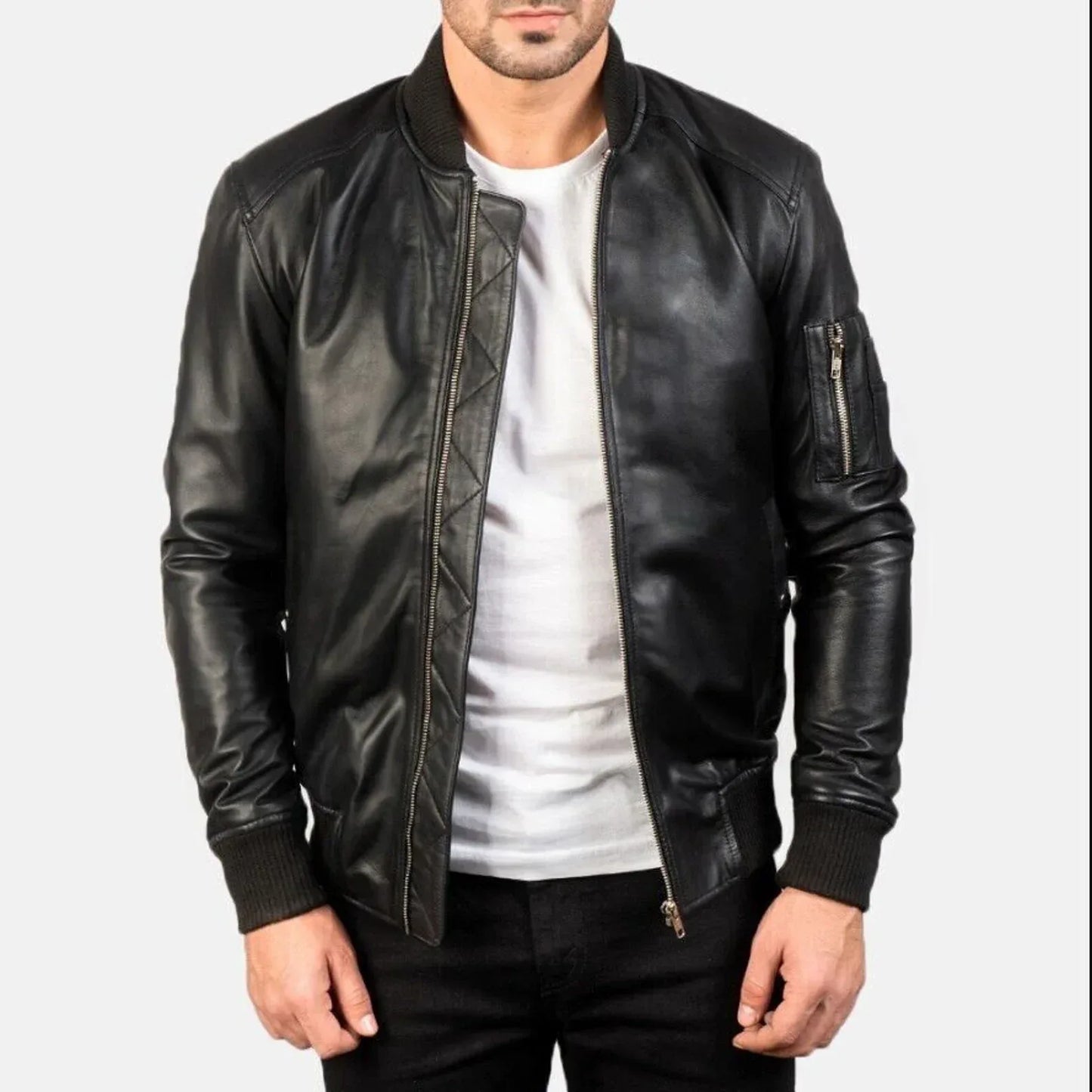 Black Leather Biker Jacket for Men Slim Fit